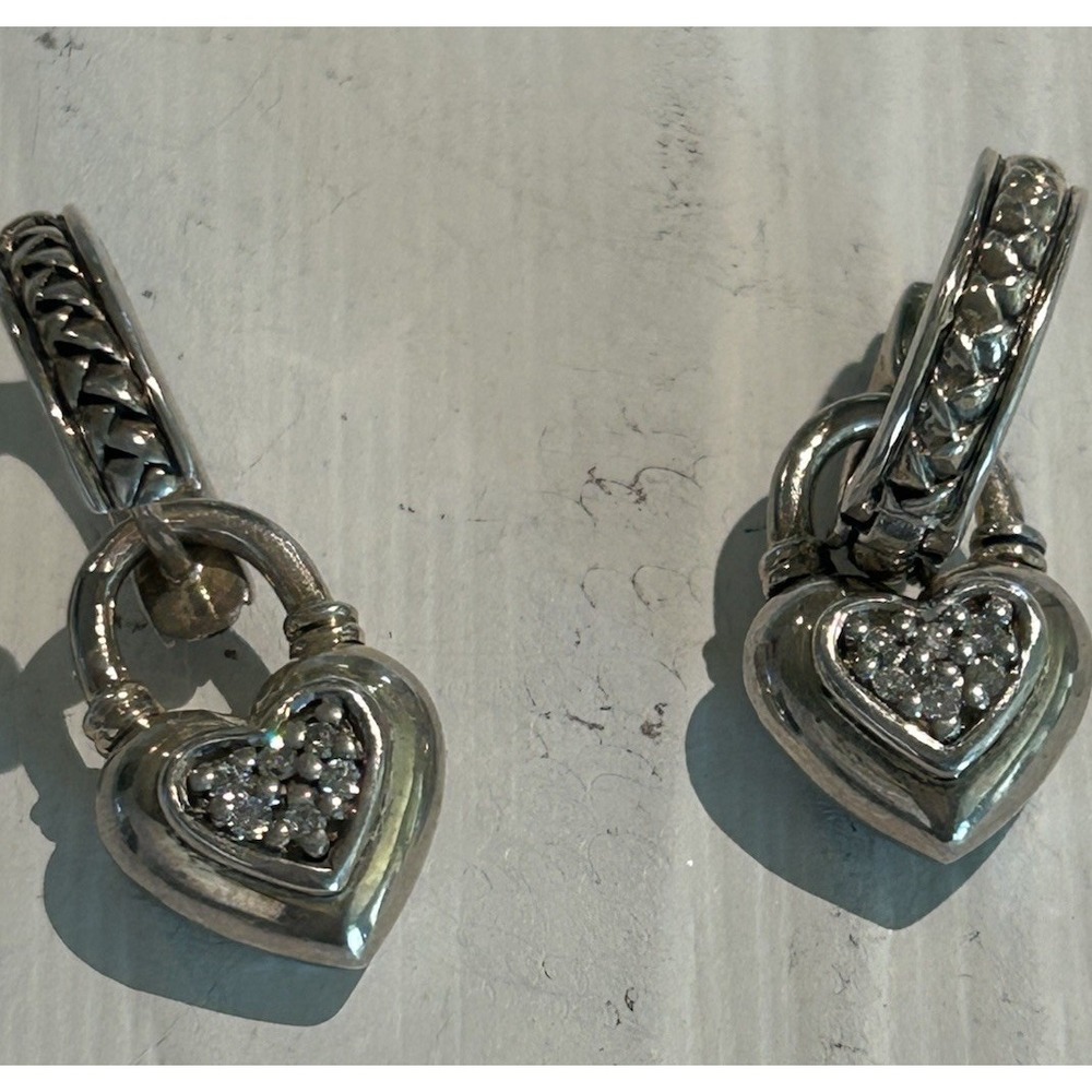 SCOTT KAY Sterling Silver Hoop + Charm Earrings With Genuine Diamonds.‎